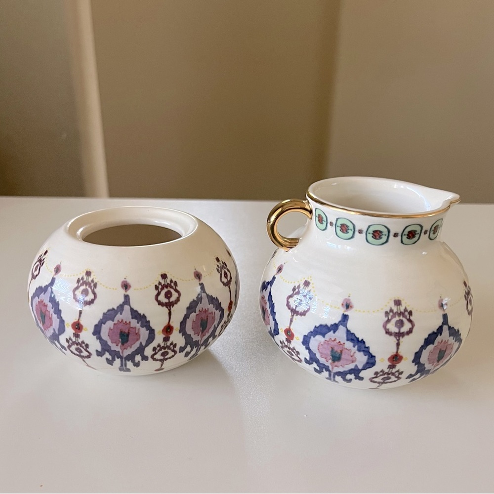 Anthropologie Halden Gold Purple Cream Sugar Pot and Creamer Ikat Motif Gilded